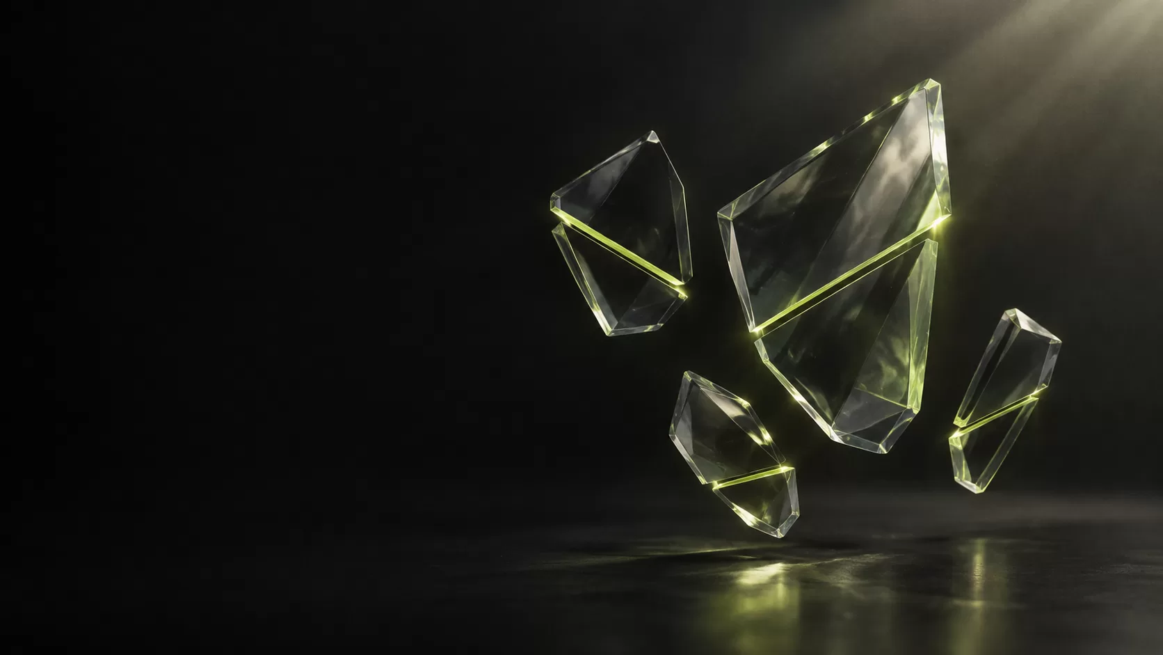 Cuatro fragmentos de cristal sobre un fondo grafito, uno por cada término del glosario: GEO, AEO, AISO y LLM SEO. Formato: 1920×1080 px, WebP, menos de 200 KB. Es el fondo del titular del artículo, con texto blanco encima: la mitad izquierda tiene que quedar oscura y despejada.
