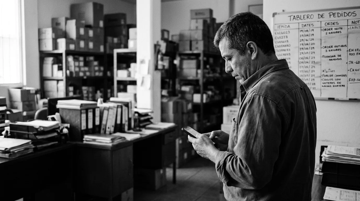 Un empresario revisa mensajes en su celular, de pie en la bodega de su negocio